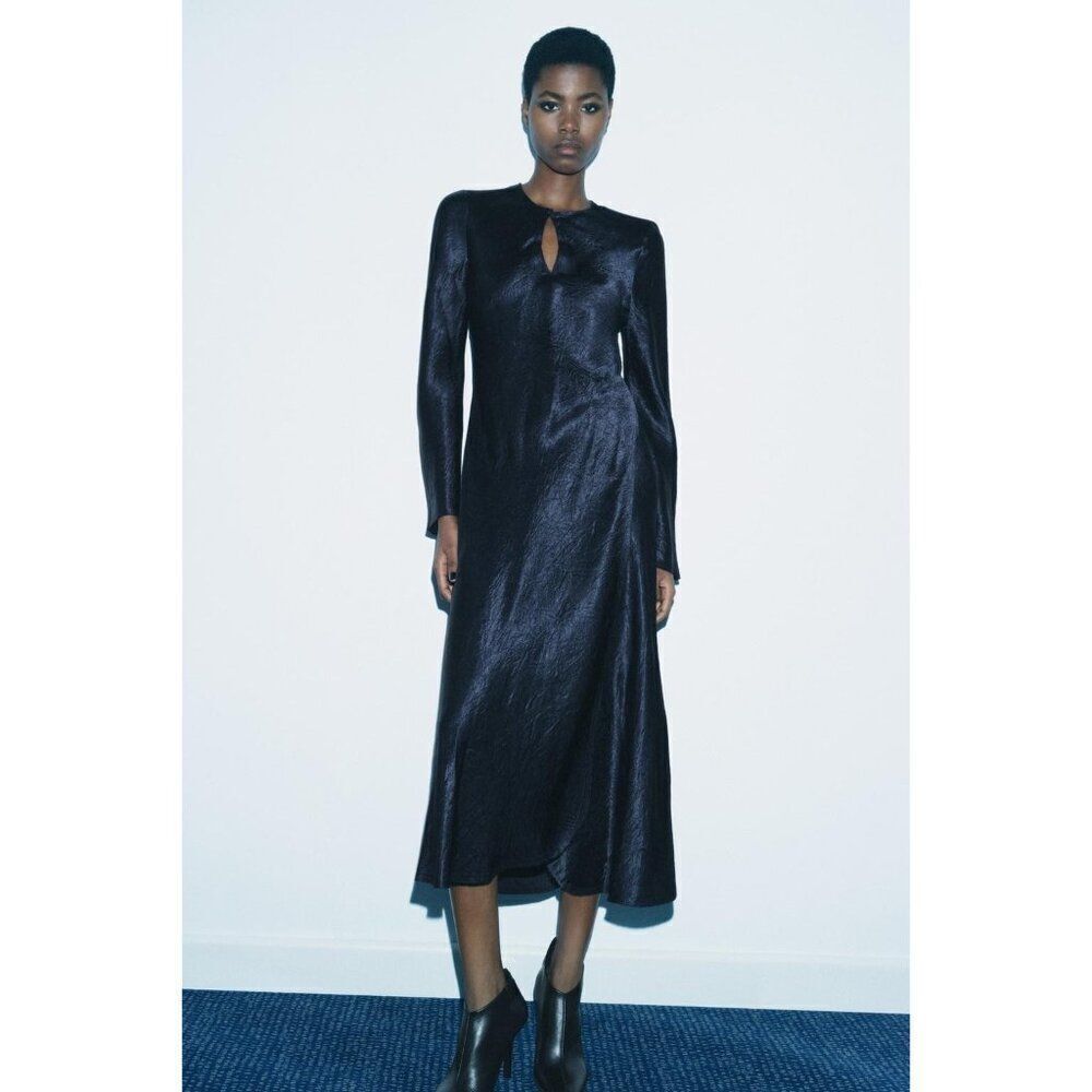 Zara Womens Midi Dress Navy Blue S Long Sleeve Satin Ruched Slit 4786/278 NWT